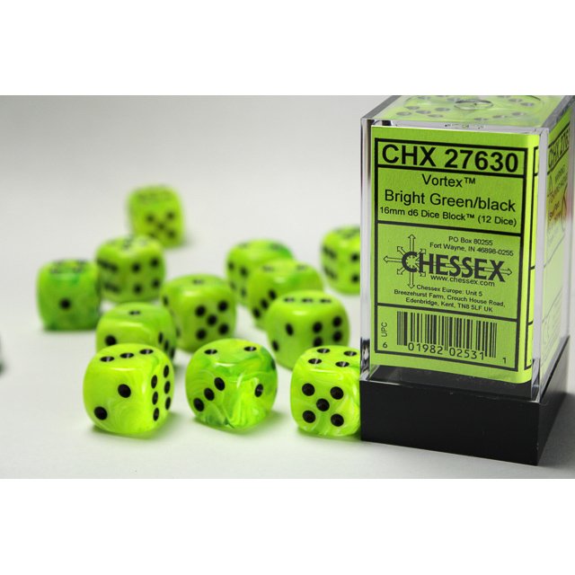CHX 27630 Vortex Bright Green/black 16mm d6 Dice Block (12 dice)