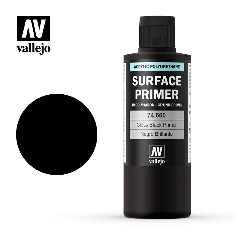 Vallejo Surface Primer - Gloss Black Primer 200ml Miniature Paint